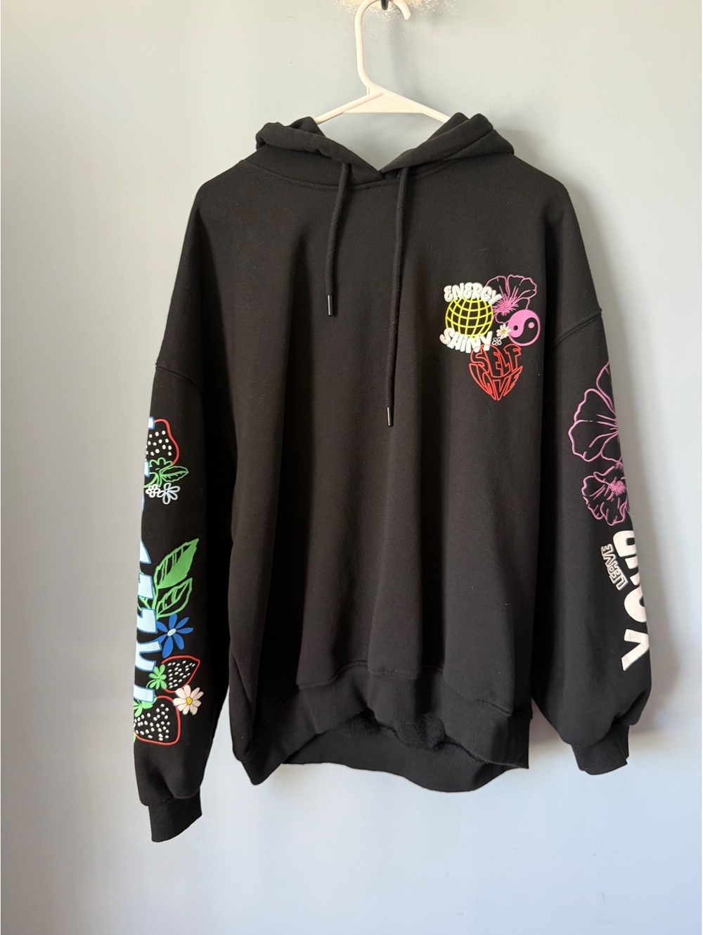 Black Graphic Hoodie with Colorful Floral and Text Prints, Size small